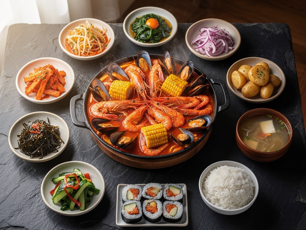 Best Seafood Boil in Abu Dhabi (2026): The Honest Guide 3 seafood boil, banchan and rice laid out on a table in Abu Dhabi