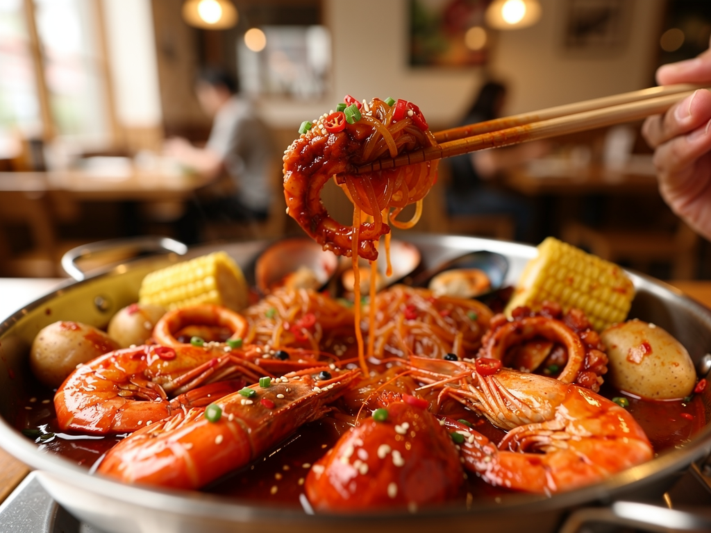 seafood boil close-up at a halal Korean restaurant in Dubai