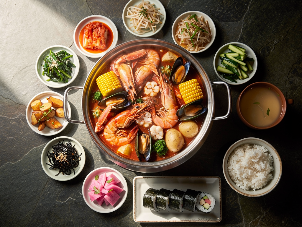 halal Korean seafood boil spread with banchan in Dubai