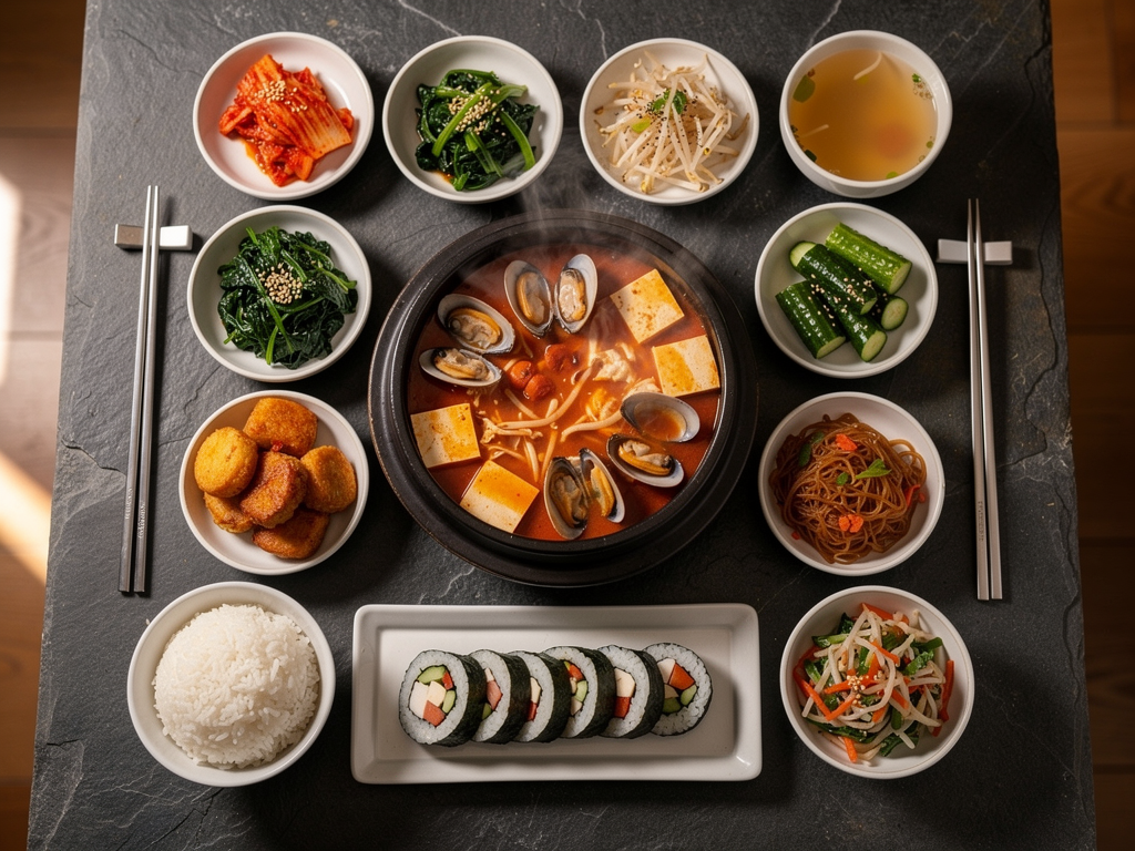 Best Soondubu Jjigae in Dubai (2026): Honest Local Guide 3 halal Korean stew and banchan spread with soft tofu stew in Dubai