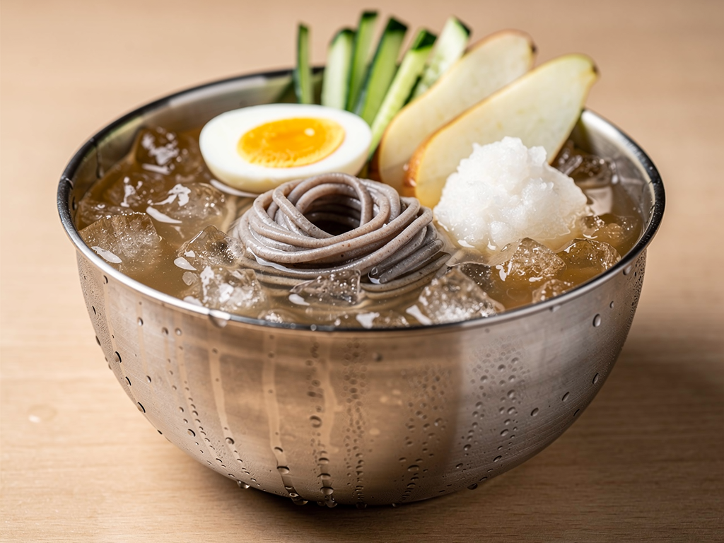 mulnaengmyun cold Korean noodle soup close-up in Dubai