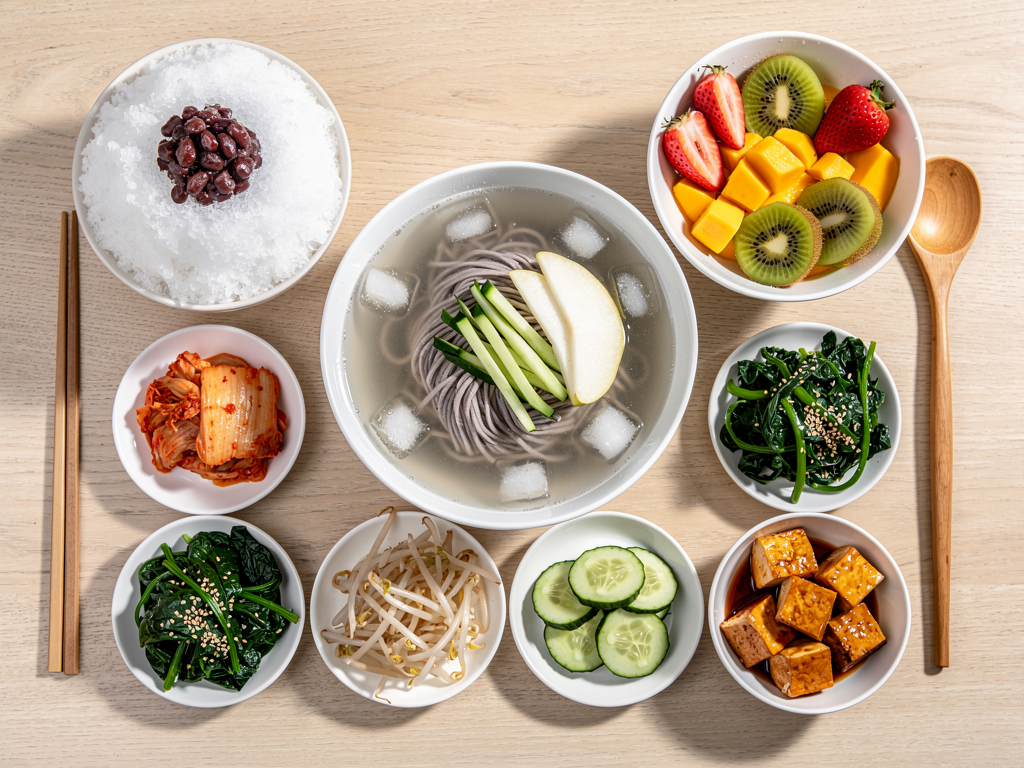halal Korean summer food spread with cold noodles and bingsu in Dubai