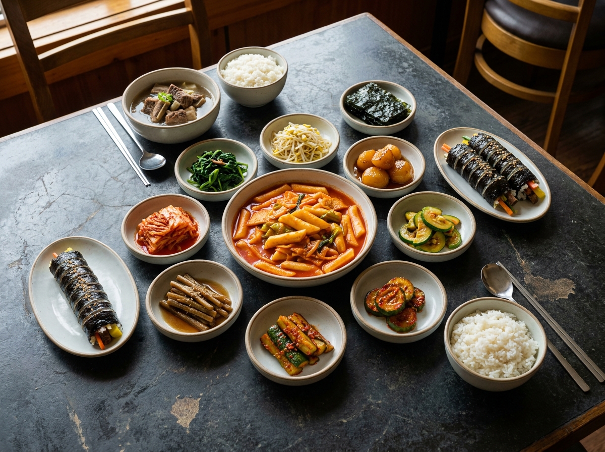 Best Tteokbokki in Dubai (2026): Honest Local Guide 3 halal Korean food spread with tteokbokki and banchan in Dubai
