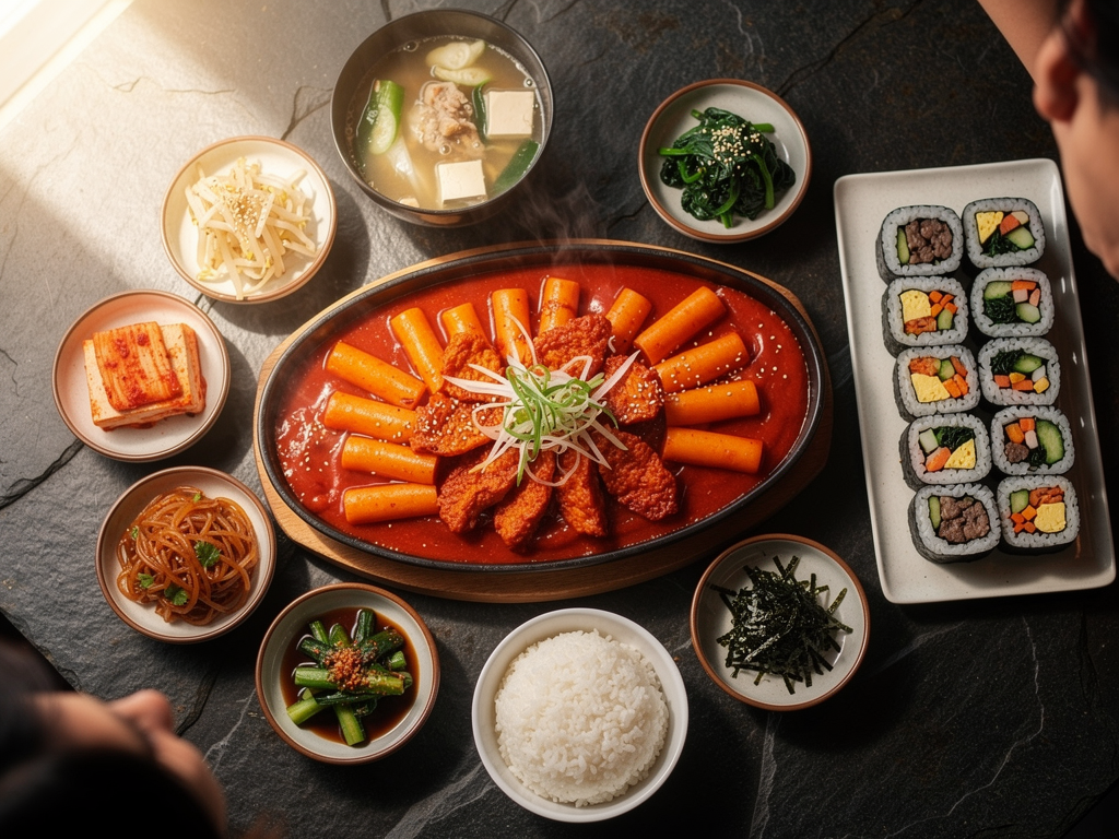 Best Tteokbokki in Sharjah (2026): Honest Local Guide 3 Korean bunsik spread with tteokbokki, gimbap and fried chicken