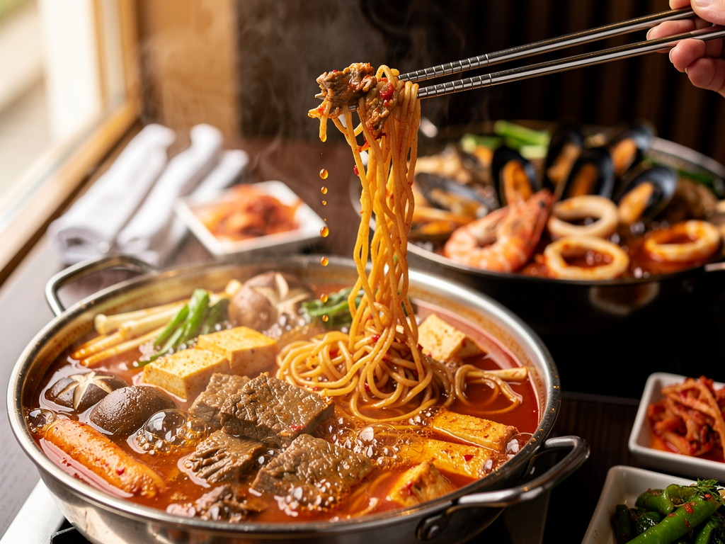 budae jjigae and jjampong close-up at a halal Korean restaurant in the UAE