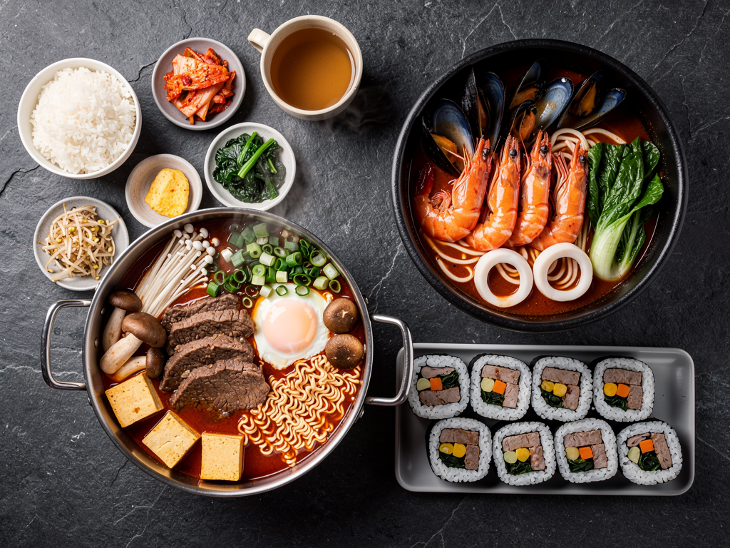 halal Korean food spread with budae jjigae and jjampong and banchan in the UAE