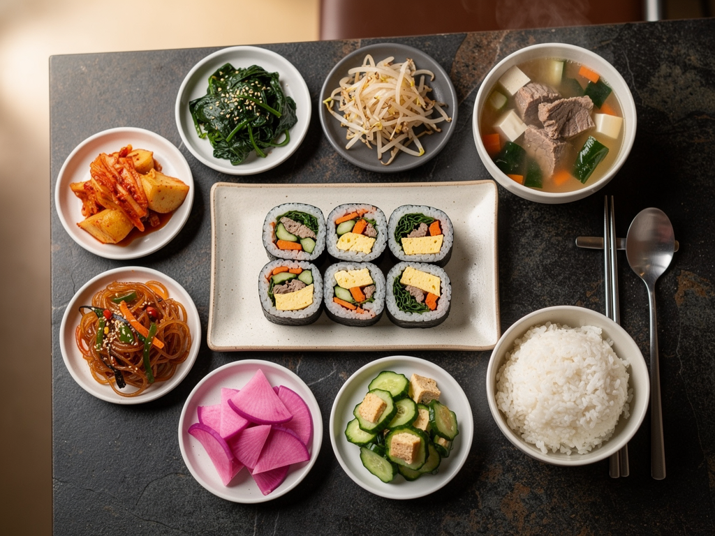 Halal Korean Food Sharjah: The Honest 2026 Guide 3 Korean halal food spread with banchan, rice and grilled beef