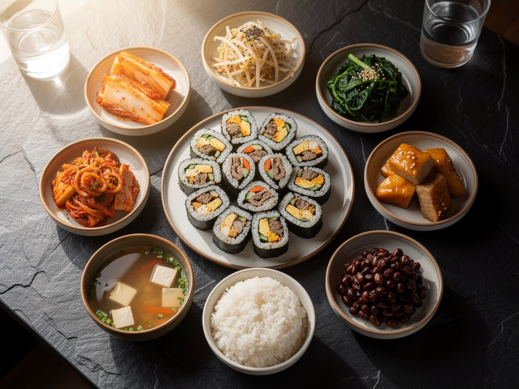 halal Korean gimbap, kimchi and banchan spread in the UAE