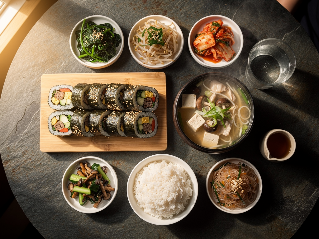 Is Korean Street Food Halal? The Honest 2026 Guide for UAE Diners 3 Halal korean street food spread with gimbap, banchan, soup and rice