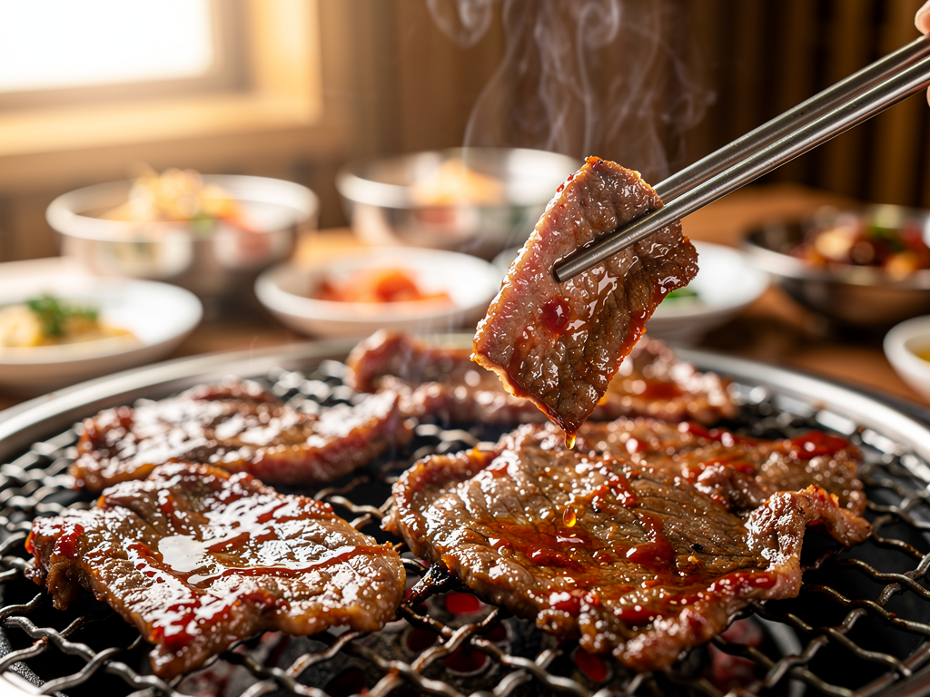 Korean BBQ beef bulgogi and marinated short ribs grilling on a tabletop grill at a celebration table