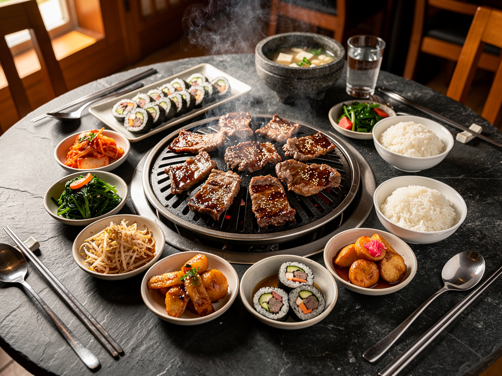 halal Korean food spread with grilled beef, gimbap, rice and banchan in Dubai