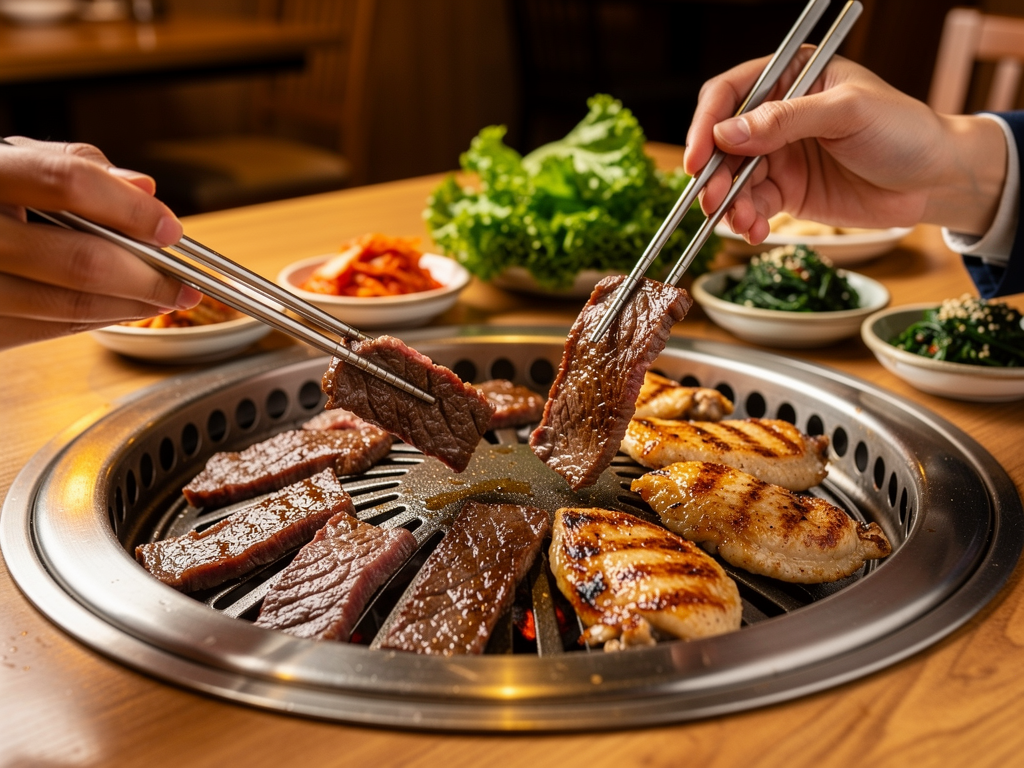 two people grilling marinated beef and chicken at a tabletop Korean BBQ grill in Dubai