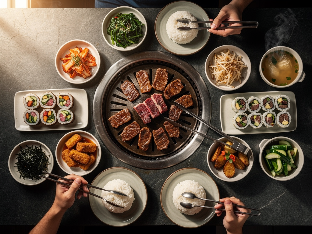 overhead Korean BBQ table for two with banchan, lettuce wraps, rice and grilled beef in Dubai