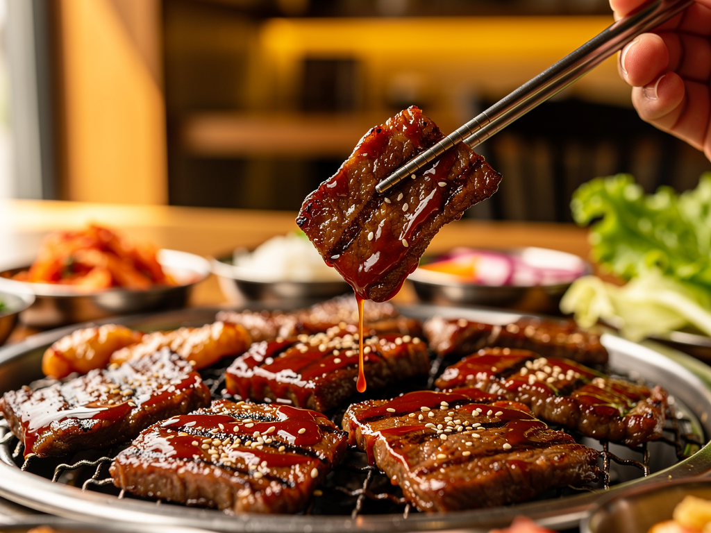 Korean BBQ Etiquette: The Honest 2026 Guide for UAE Diners 2 korean bbq etiquette in practice: grilled beef lifted from the tabletop grill