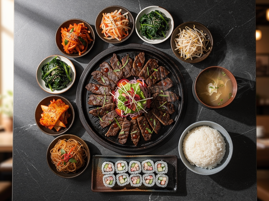 Korean BBQ Etiquette: The Honest 2026 Guide for UAE Diners 3 Korean BBQ table set with banchan, gimbap, rice and grilled beef