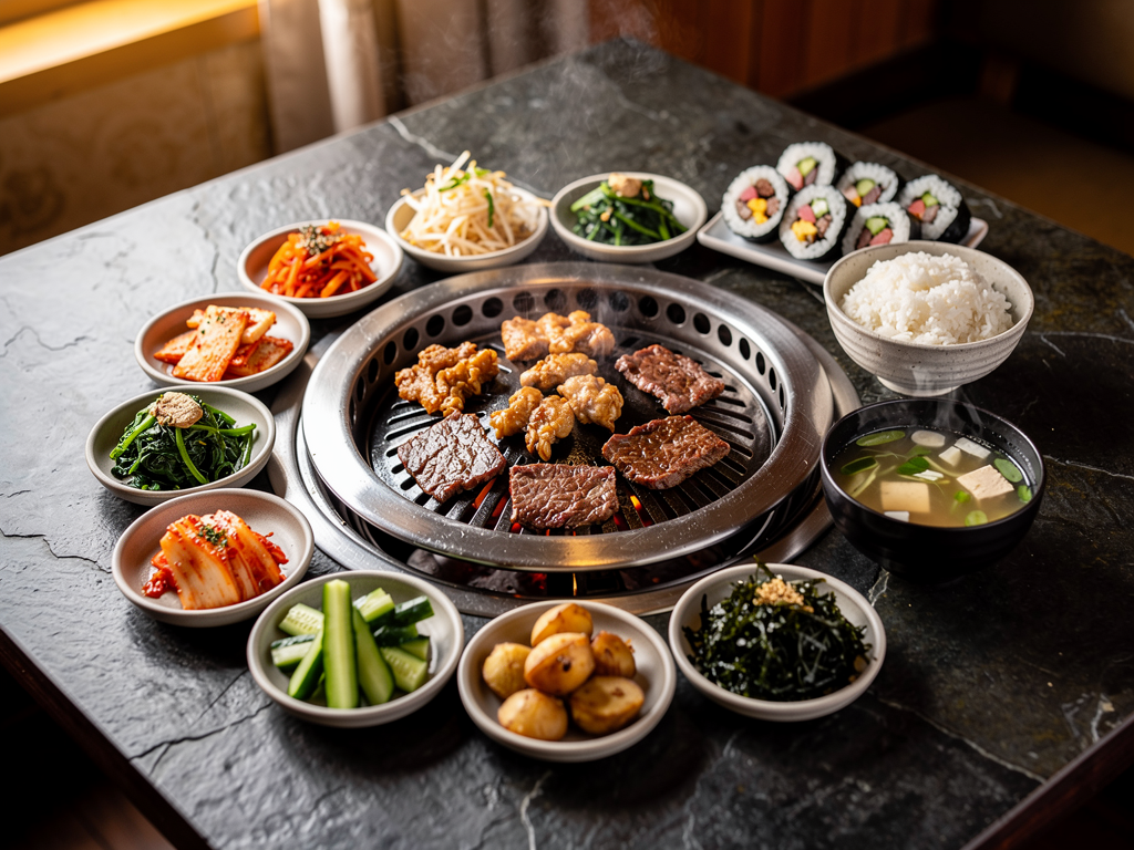 halal Korean food spread with korean bbq and banchan in Abu Dhabi