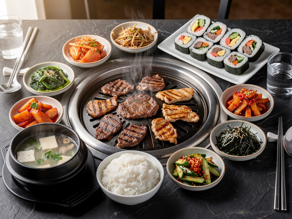 halal Korean food spread with korean bbq and banchan in Dubai