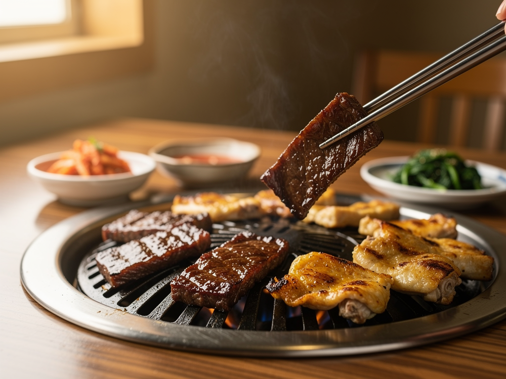 unlimited Korean BBQ in Abu Dhabi with marinated beef and chicken on a tabletop grill and banchan bowls