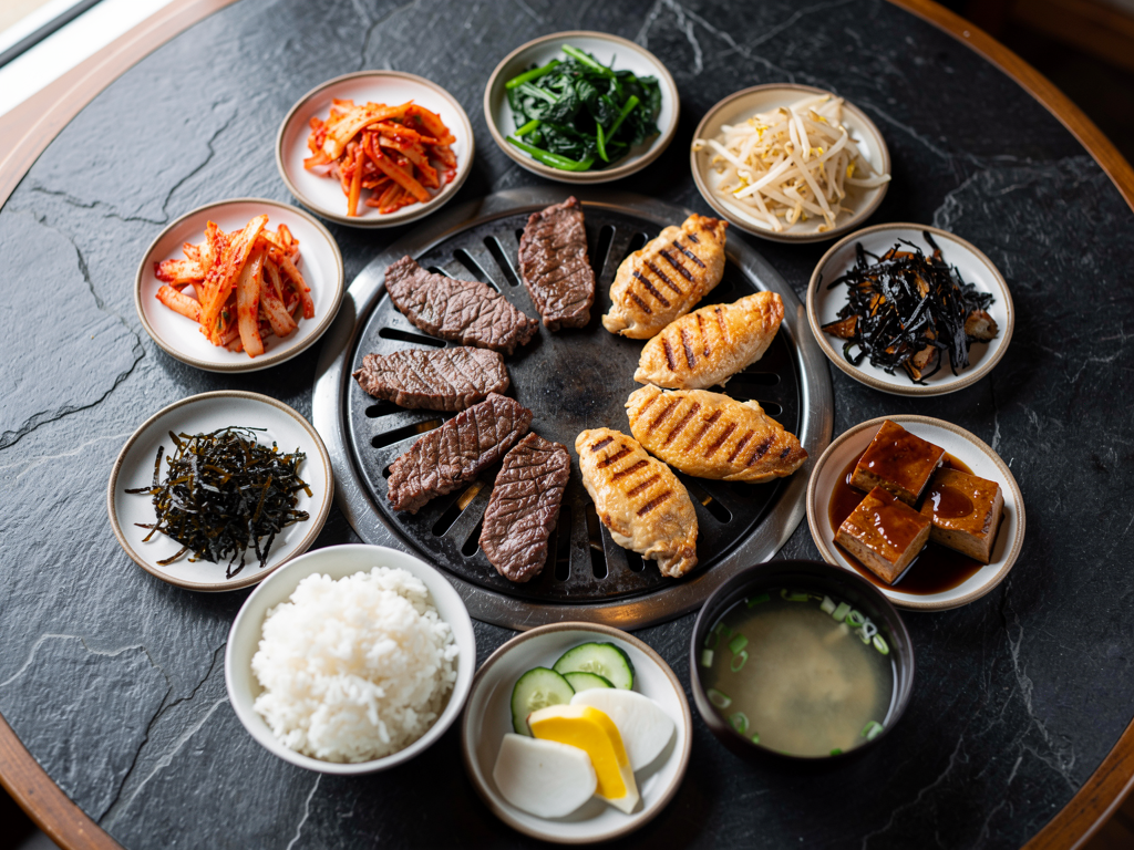 overhead Korean BBQ spread in Abu Dhabi with grilled beef, chicken, eight banchan bowls, rice and soup