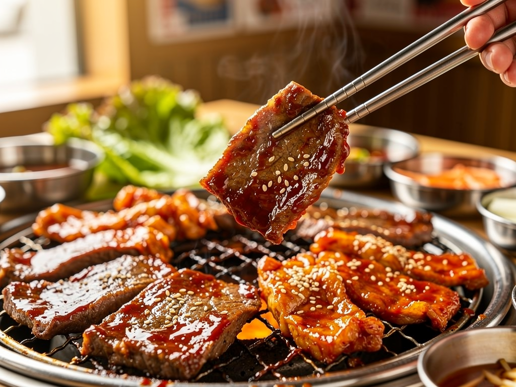 unlimited Korean BBQ in Dubai with glazed beef short rib and grilled chicken on a table grill