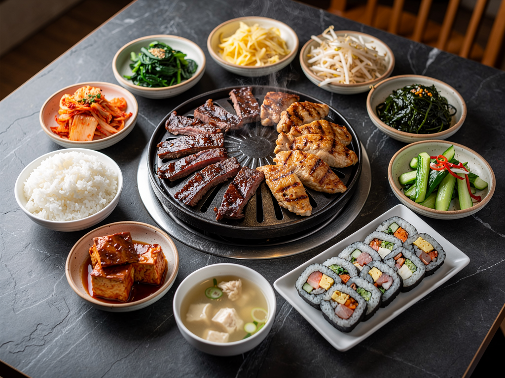 overhead Korean BBQ spread in Dubai with grilled beef, eight banchan dishes, gimbap, rice and soup