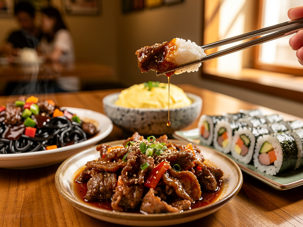 sizzling beef bulgogi, jajangmyeon and gimbap on a family table at a Korean restaurant in Dubai