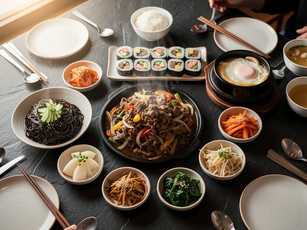 family-style Korean spread with bulgogi, jajangmyeon, gimbap, steamed egg and banchan in Dubai