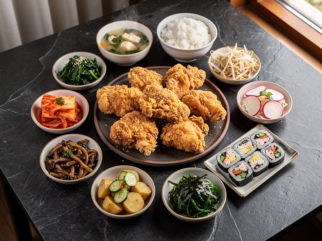 halal Korean food spread with korean fried chicken and banchan in the UAE