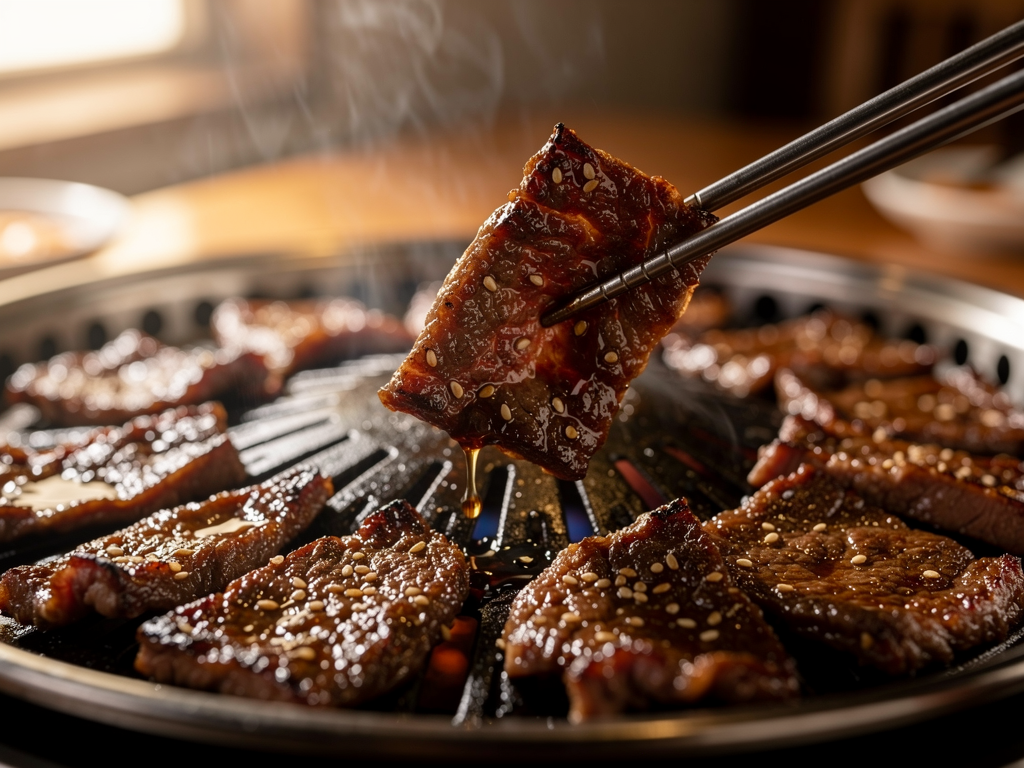 korean barbecue close-up at a halal Korean restaurant near International City Dubai
