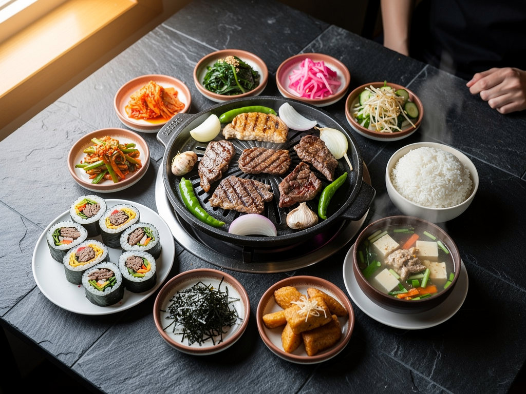 halal Korean food spread with korean barbecue and banchan near International City Dubai
