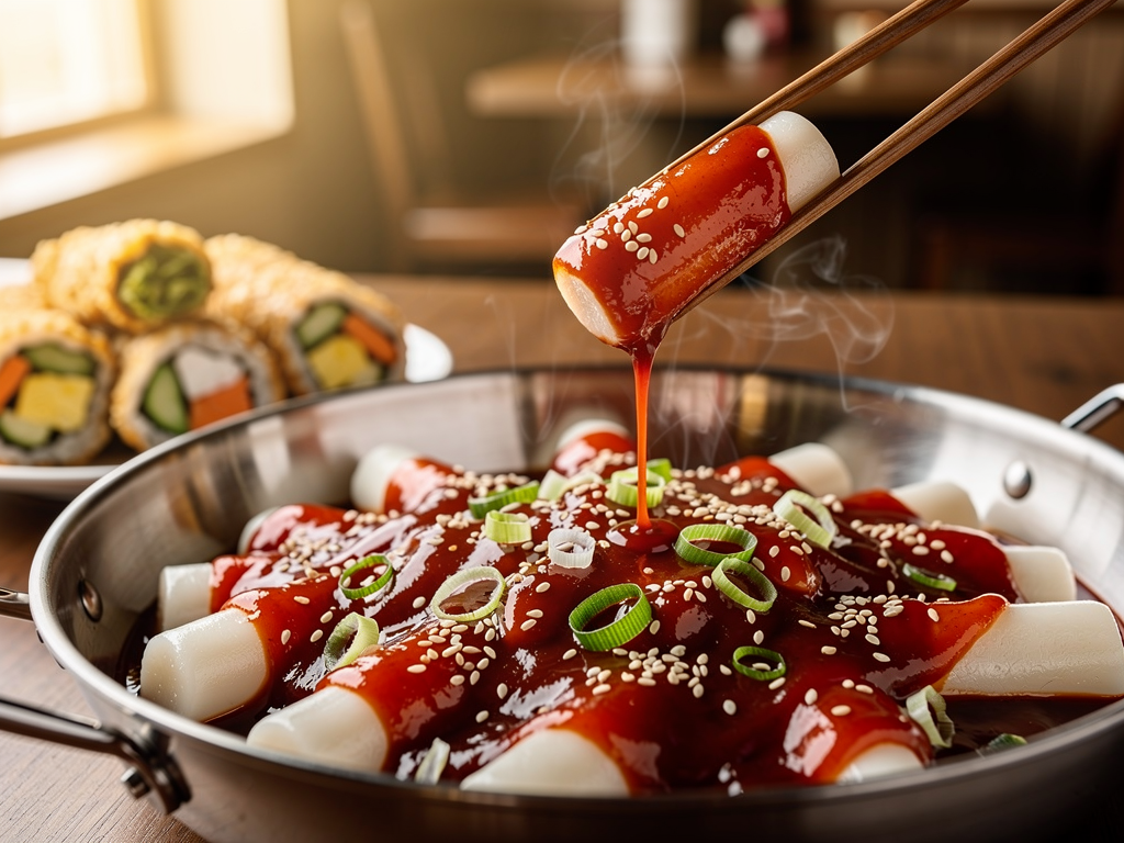 Korean Street Food in Abu Dhabi (2026): The Honest Guide 2 tteokbokki rice cakes in red sauce with fried seaweed rolls, Abu Dhabi