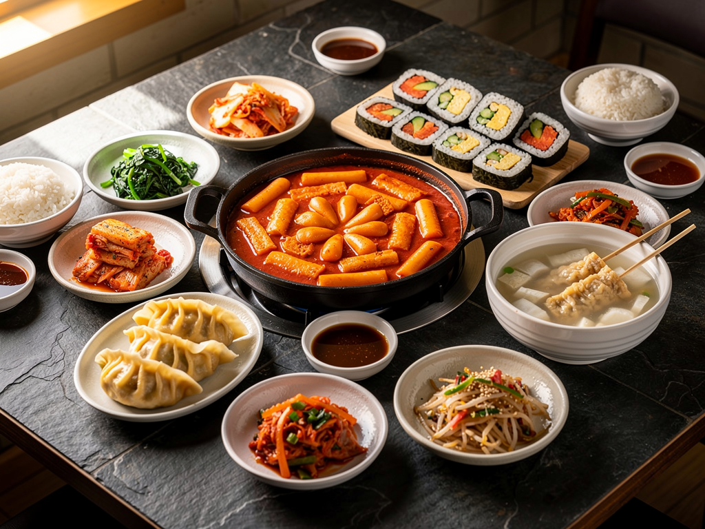 Korean Street Food in Abu Dhabi (2026): The Honest Guide 3 Korean snacks, banchan and gimbap laid out on a table in Abu Dhabi