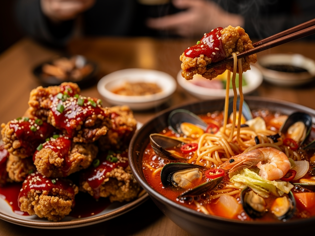 Korean fried chicken and jjampong seafood noodle soup at a late-night Korean restaurant table in Dubai