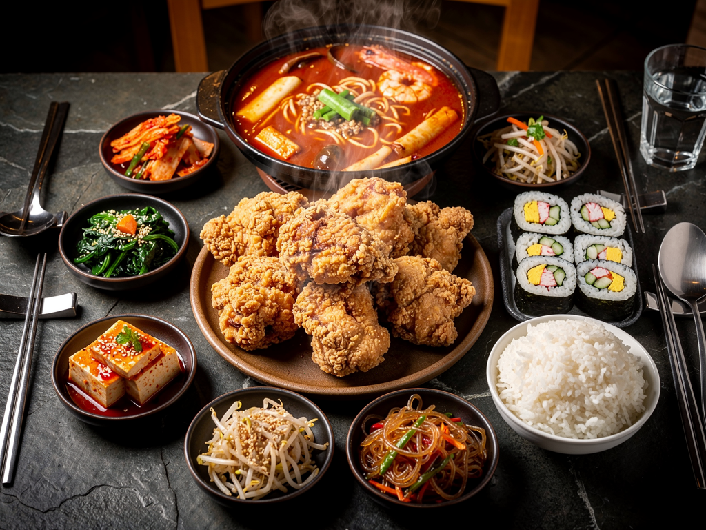 halal Korean late-night spread with fried chicken, jjampong, gimbap, rice and banchan in Dubai