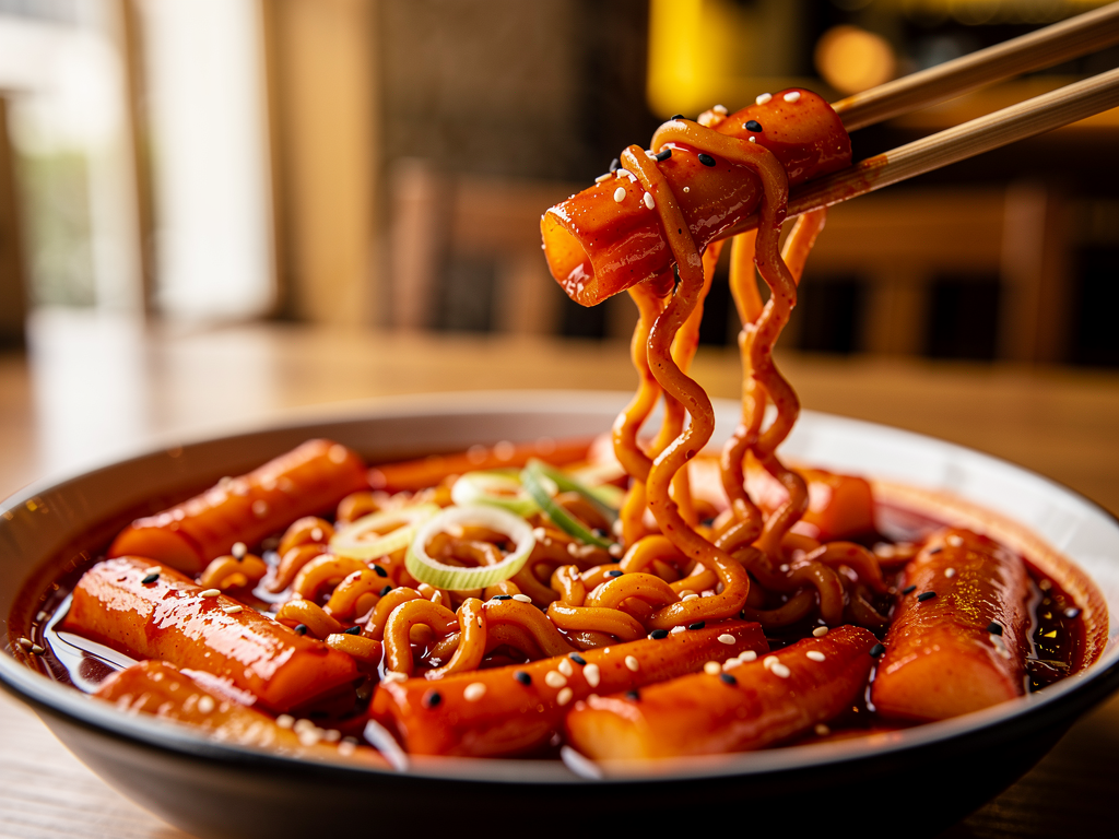 tteokbokki and rabokki close-up at a halal Korean restaurant in the UAE