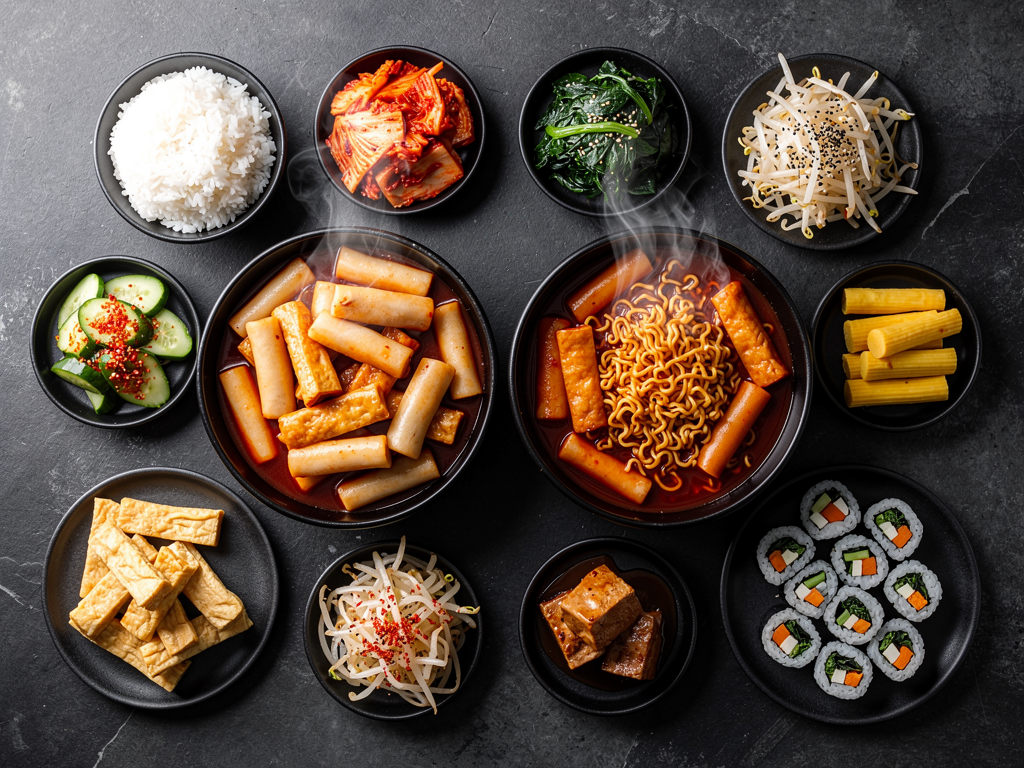halal Korean food spread with tteokbokki and rabokki and banchan in the UAE