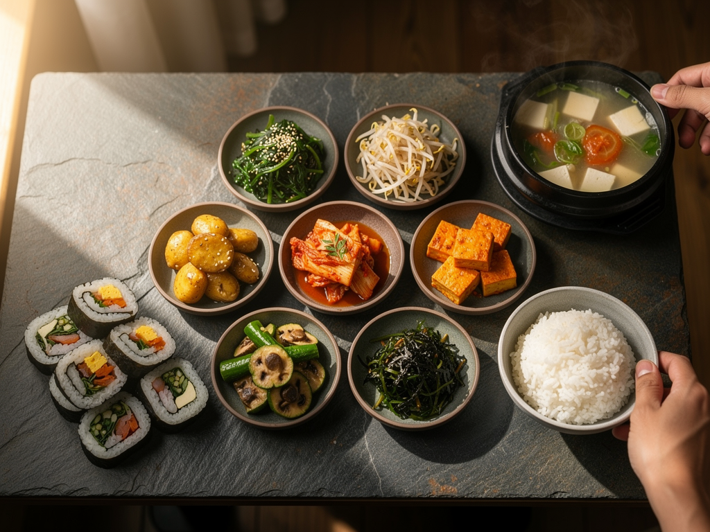 What Is Banchan? (반찬) The Complete 2026 Guide — and Where to Try It in the UAE 3 Korean banchan spread with rice and soup on a stone table