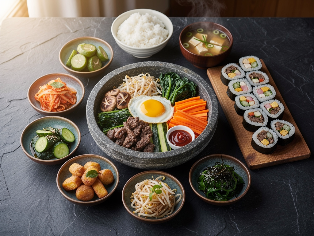 What Is Bibimbap? (비빔밥) The Complete 2026 Guide — and Where to Try It in the UAE 3 Korean bibimbap spread on a table with banchan side dishes