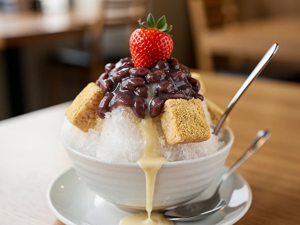 What Is Bingsu? (빙수) The Complete Guide to Korean Shaved Ice — and Where to Eat It in the UAE (2026) 2 bingsu close-up with red bean, rice cake and condensed milk