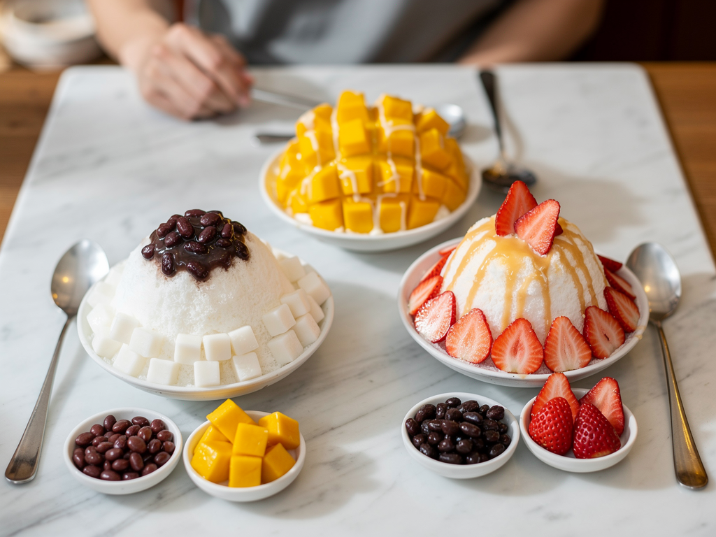 What Is Bingsu? (빙수) The Complete Guide to Korean Shaved Ice — and Where to Eat It in the UAE (2026) 3 three bingsu bowls — red bean, mango and strawberry