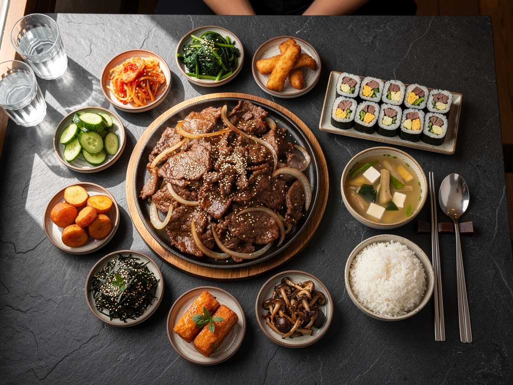 What Is Bulgogi? (불고기) The Complete 2026 Guide for the UAE 3 halal Korean food spread with bulgogi and banchan in the UAE