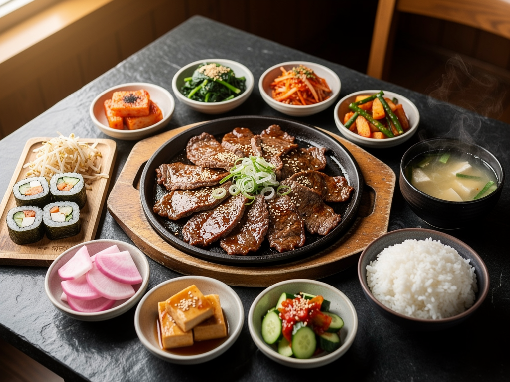 halal Korean galbi and banchan spread in the UAE