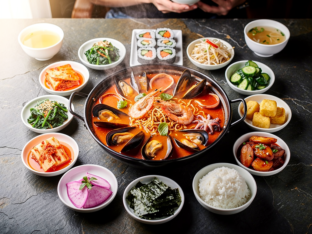 halal Korean food spread with jjampong and banchan in the UAE
