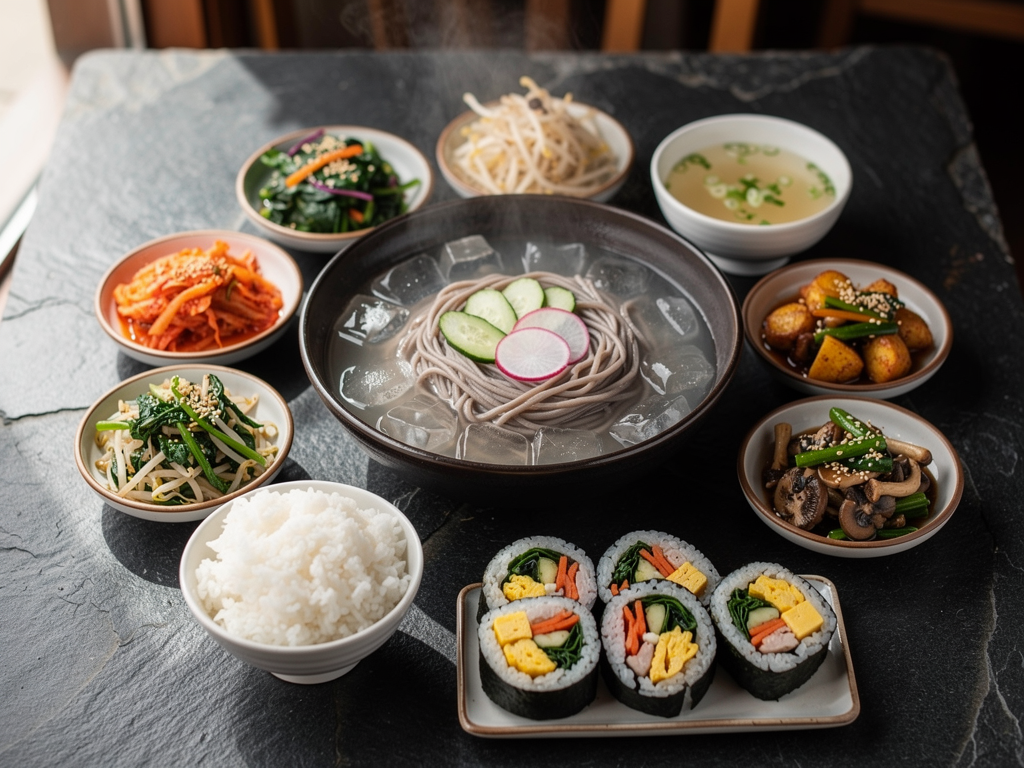 What Is Naengmyeon? (냉면) The Complete 2026 Guide — and Where to Try It in the UAE 3 Korean naengmyeon meal spread with banchan on a stone table