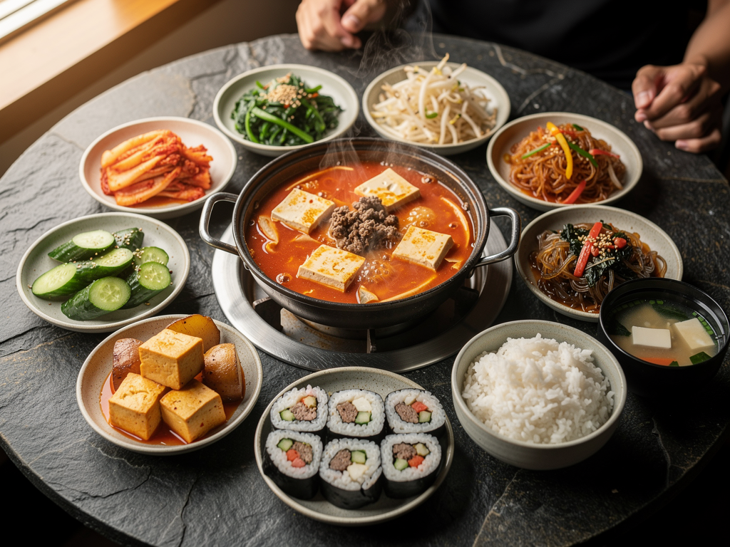 halal Korean food spread with soondubu jjigae and banchan in the UAE