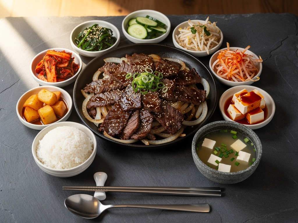 Best Bulgogi in Abu Dhabi (2026): Honest Local Guide 3 Korean marinated beef, banchan and rice on an Abu Dhabi restaurant table
