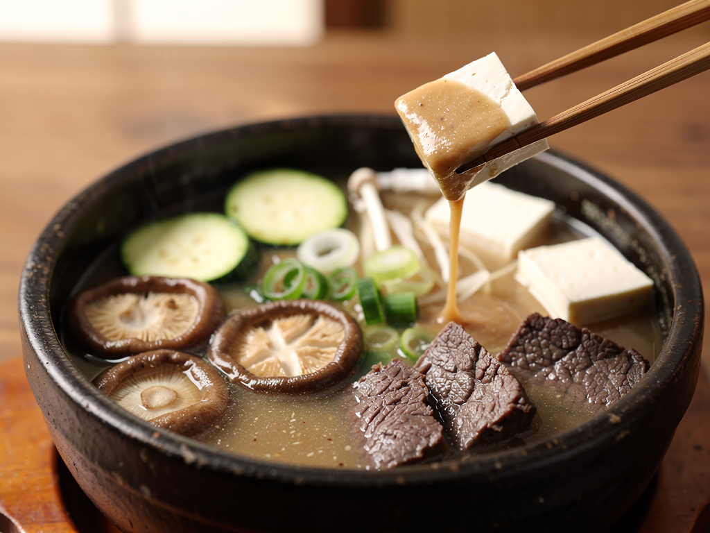Best Doenjang Jjigae in Abu Dhabi (2026): Honest Local Guide 2 Close-up of doenjang jjigae with tofu, beef brisket and courgette in a brown soybean paste broth