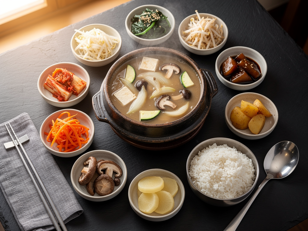 Best Doenjang Jjigae in Abu Dhabi (2026): Honest Local Guide 3 Korean table spread in Abu Dhabi with doenjang jjigae, steamed rice and banchan