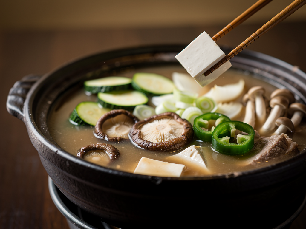 Close-up of doenjang jjigae, a murky brown Korean soybean paste stew with tofu, courgette and mushrooms