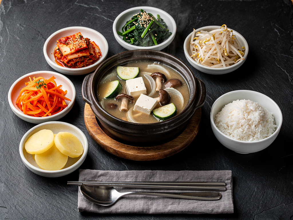 Korean table spread with a bubbling pot of doenjang jjigae, steamed rice and banchan side dishes